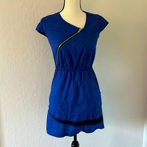 Blue Cotton Dress with Front Zipper and Pockets